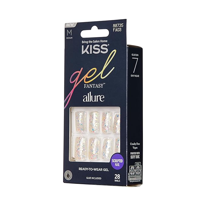 KISS Gel Fantasy Allure Press On Nails, Ready to Wear, 3D Design, Waterproof, Pink Gel Nail Glue 0.07 Oz. (2g), Manicure Stick & Mini File, 28 Count