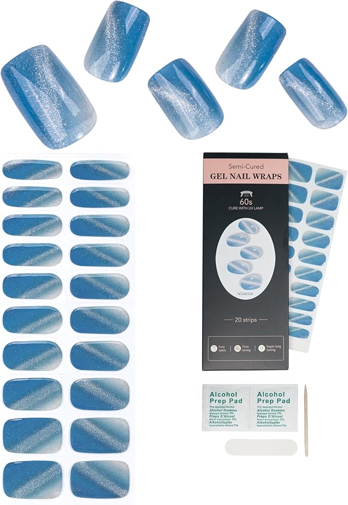Semi Cured Gel Nail Strips - 20pcs Glaze Gel Stickers, Salon Quality DIY Wraps, Easy to Apply, UV Light Required