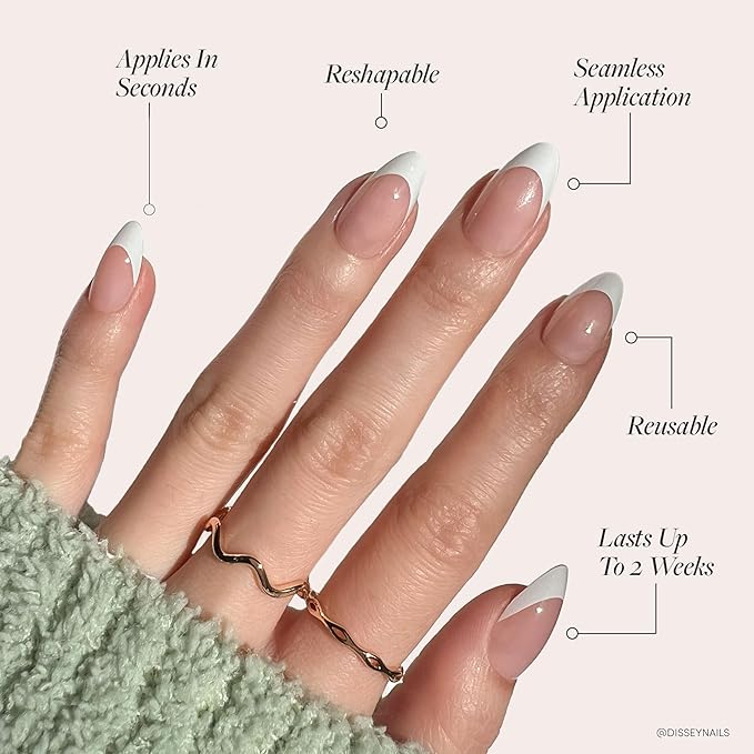 Glamnetic Press On Nails - MaDamn Fake Nails | French Tip Nails, UV Finish Short Pointed Almond Shape, Salon Quality Semi-Transparent Nails in 12 Sizes - 24 Nail Kit with Glue