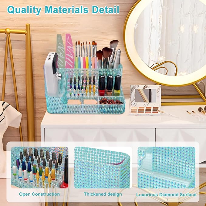 ANRUI Nail Drill Bit Holder, 28 Holes Plastic Nail Drill Machine & Bits Storage Case, Professional Nail Desk Organizer for Manicure Tools Gift for Women and Girls- Diamond Blue