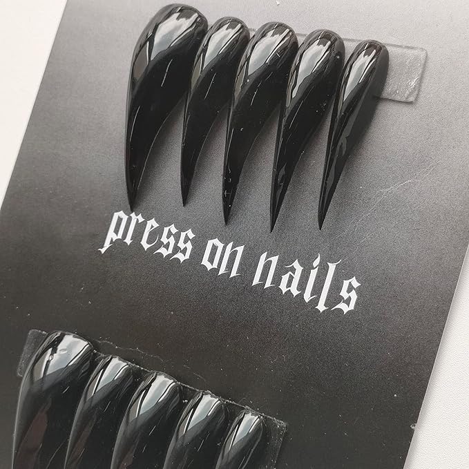 Luxury Press on Nails Medium Curved Stiletto Handmade Eagle Claw Unique Reusable ABS Material Fake Nails Dragon Cat Claw False Nails with Designs Black Glossy Glue on Nail Thick Acrylic Nail(S)