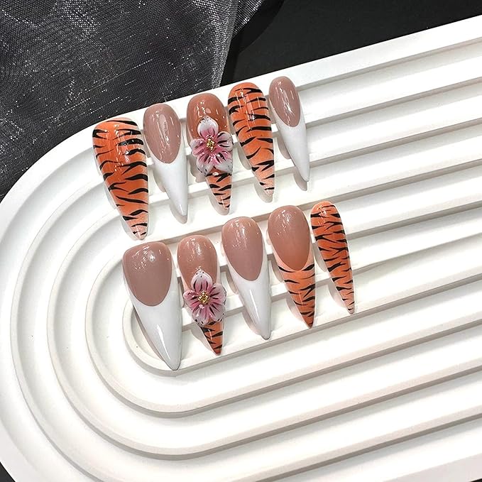 White French Tip Fake Nails Long Almond Handmade Press on Nails Leopard Full Cover False Nails with 3D Flower Designs 10Pcs Acrylic Nails Press Ons Luxury Reusable Stick on Nail for Women (Size M)