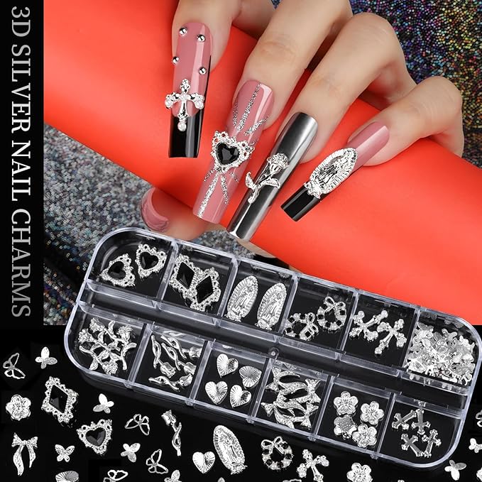 Teenitor Silver Nail Charms and Gems Kit, 4 Boxes Nail Gems Silver Rhinestones for Nails, 3D Y2K Accessories Nail Decor, Cross Charms for Nails Design Star, Caviar Beads for Nails Art
