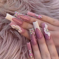 Long Square Press on Nails French Tip Fake Nails Pink False Nails with Flower Designs Glue on Nail Glitter Glossy Rhinestone Acrylic Nails Full Cover Artificial Nail for Women Manicure 24Pcs