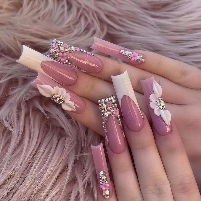 Long Square Press on Nails French Tip Fake Nails Pink False Nails with Flower Designs Glue on Nail Glitter Glossy Rhinestone Acrylic Nails Full Cover Artificial Nail for Women Manicure 24Pcs