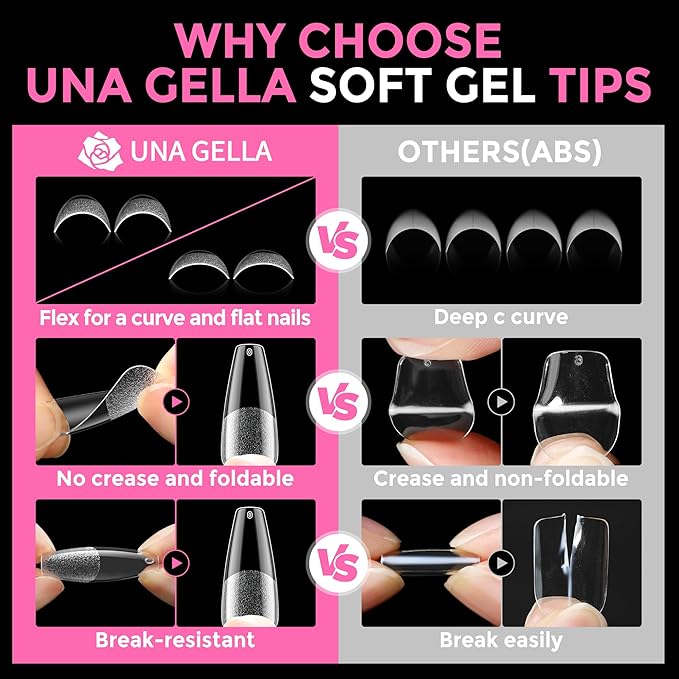 UNA GELLA Long Coffin Nail Tips: 216pcs Coffin Acrylic Fake Nails Full Cover Gel Nail Tips Press On Nails Clear Tips for Nail Extension DIY Salon 12 Sizes