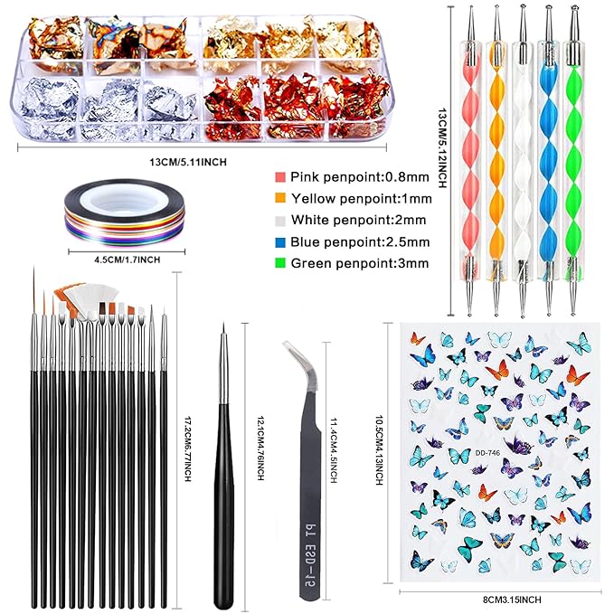 Nail Art Design Tools - 3D Decorations Kit with Brushes, Dotting Tools, Holographic Stickers, Nail Foil Tape, Rhinestones and Pick-Up Tweezers