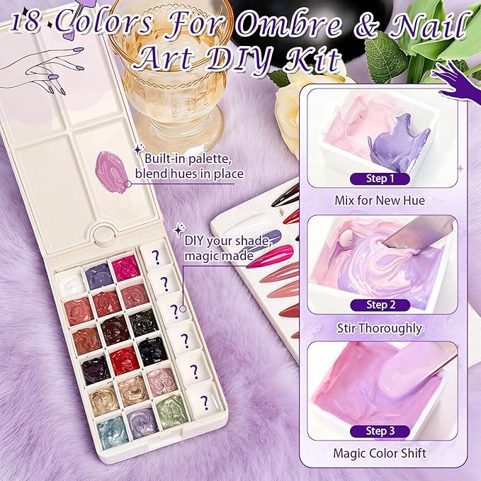 18 Colors Patting Gel Polish & Tools Kit - Pat Pat Gel Polish Palette for Ombre Nails，UV/LED Cured Gradient Blooming Manicure Kit DIY with Nail Sponges & Tools