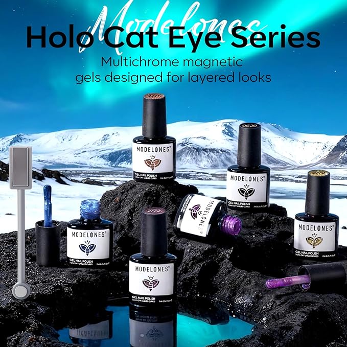 modelones Gel Nail Polish Set, 6 Colors Holographic Colorful Rainbow Glitter Cat Eye Gel Polish Black Purple Blue Green Yellow Coral Pink Nail Polish with Magne Soak Off LED Manicure DIY Gift