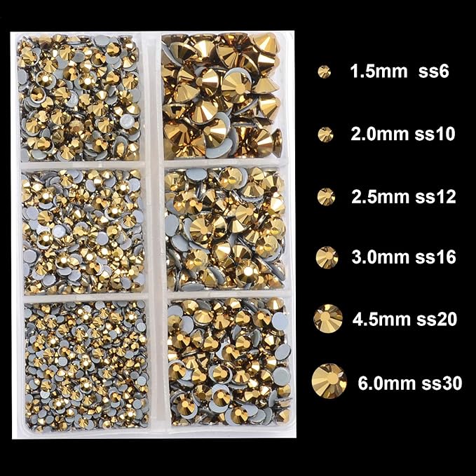 4000Pcs Mixed Size Hot Fix Round Crystals Gems Glass Stones Hotfix Flat Back Rhinestones (Mine Gold)