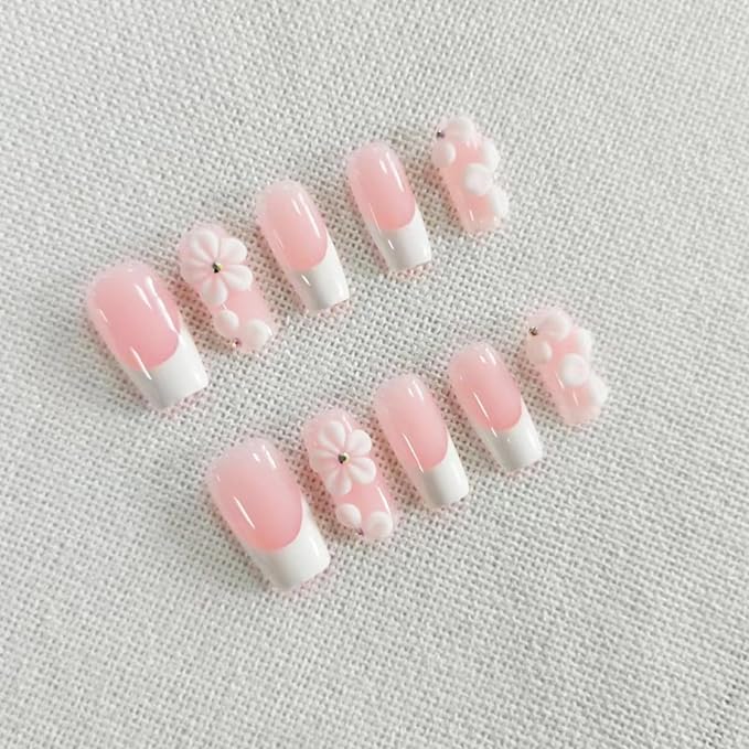 Luxury Press on Nails Medium Square Handmade Fake Nails 3D Flower Embossed False Nails White French Tip Acrylic Nails Press Ons with Designs Pink Full Cover Artificial Nail for Women 10Pcs(Size M)