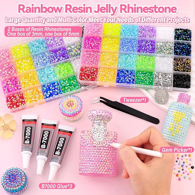 26000Pcs Resin Rhinestones for Bedazzling Kit, 2 Boxes Multicolor 3mm&5mm Bedazzled Crystal, Flatback Gems with 3Pcs 10ml B7000 Jewelry Glue for DIY Crafts Clothing Nail Art Makeup
