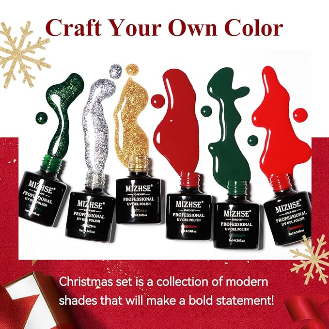 MIZHSE Gel Nail Polish 6 Colors, Classic Red Green Glitter Gold Silver Gel Polish, Long Lasting Soak Off Nail Art Manicure Home New Year Gift for Ladies