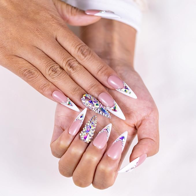 10 Pieces Handmade Long Almond Press On Nails, White Thickened French False Nails With Rhinestone Decorate, Reusable Fake Nails Almond, Reusable Acrylic Nails (L)