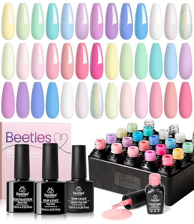 beetles Pastel Gel Nail Polish Set - 20 Colors Spring Gel Nail Kit Dreamy Town Collection Macaroon Pink Yellow Green Blue Glitter Manicure Kit with 3Pcs Base Top Coat Uv LED Easter Gift for Women