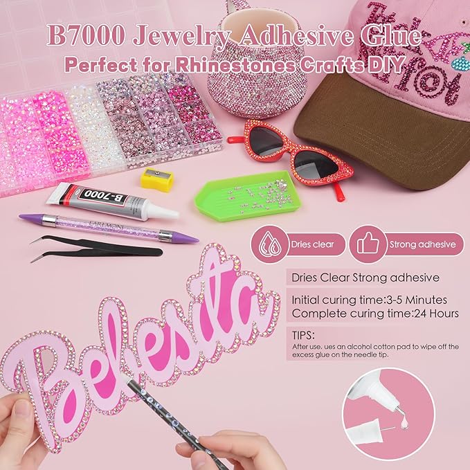 Resin Jelly Rhinestones for Bedazzling, EARLMONI Multi Colord Bedazzler Kit with 15ml B7000 Rhinestone Glue Rhinestone Pen Tool for Clothes Nail Art (Pink, 3/4/5/6MM)