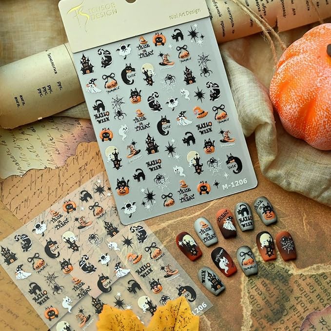 Halloween Nail Stickers 3D Self Adhesive Cute Pumpkin Nail Art Stickers 5D Embossed Black Bat Cat Nail Decals Spider Web Nail Art Supplies Haunted House Nail Design for Women Girls 1 Sheets