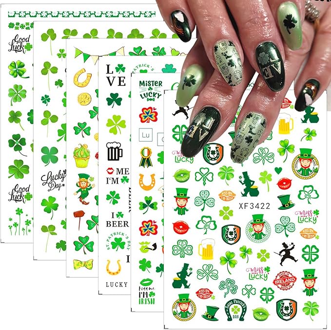 6 Sheets St. Patrick’s Day Nail Stickers 3D Self-Adhesive Green Shamrock Nail Art Stickers Clover Hat Golden Jar Coins Design Lucky Irish Nail Decals Nail Art Supplies for Women Acrylic Manicure