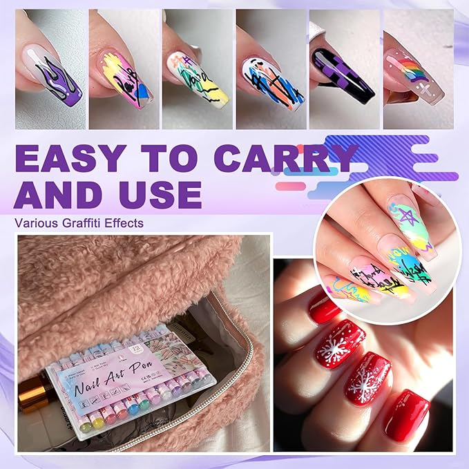 12 Color Nail Art Pens, 0.7 MM Nail Polish Pens Set Drawing Painting Point Liner Acrylic Painted Pen Kit, Waterproof and Quick-drying Nail for DIY Nails Art Design Manicure Tools