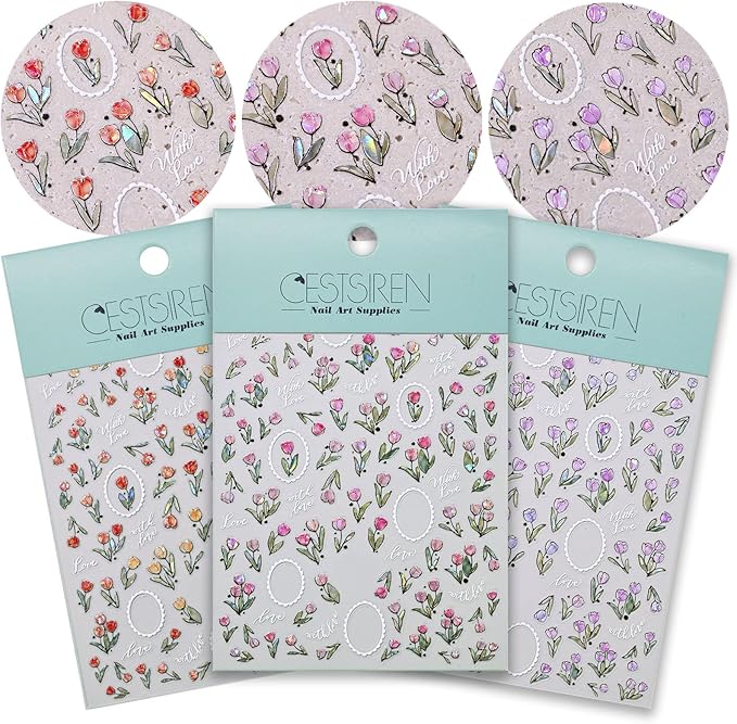 Aurora Tulip Floral Nail Art Stickers, Golden Flower Nail Decals, Self-Adhesive,Summer Spring Nail Accessories for Women, Nail Decorations 3 Sheets