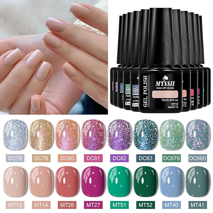 MTSSII Nude Pink Rose Red Green Blue Gel Nail Polish 18 Pcs Set Silver Yellow Pink Purple Glitter Gel Nail Polish with Base Gel Set Glitter Polish Kit for DIY Nail Art Women Gifts