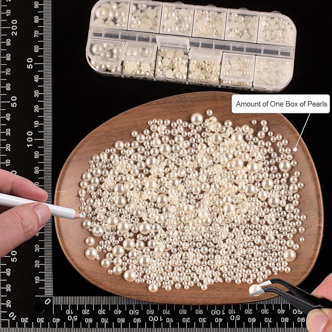 4000PCS Flatback Rhinestones and Half Round Pearls Kit #26, Multi Size Glass Clear Crystals, Plastic Flat Back Beige Dome Bead with Pickup Pencil and Tweezer for Nail Art
