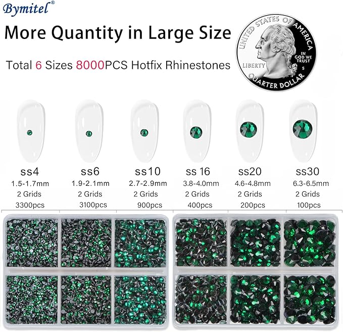 Bymitel Hotfix Crystal Rhinestones Round Gems for Crafts,Mixed 6 Sizes with Wax Pencil Kit, Emerald 1.6-6.3mm SS4-SS30/8000pcs