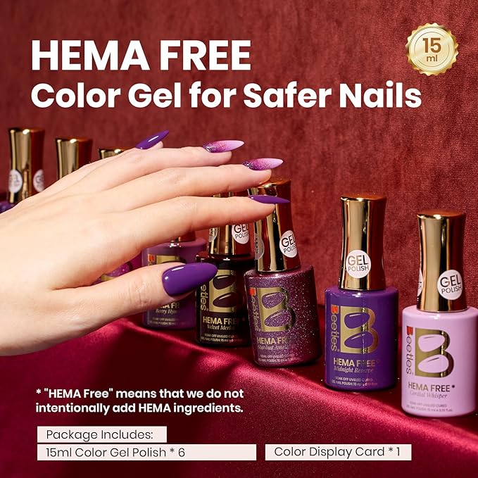 beetles Purple Gel Polish Set - 6 Colors Cassis Night Collection HEMA-Free 15ml Dark Purple Glitter Shimmer Color Nails with Swatch Card, Home Salon Soak Off UV LED Valentines Gift for Women