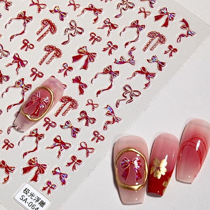 1Sheets Aurora Bow Nail Stickers 5D Embossed Valentines Nail Art Stickers Self Adhesive Cute Nail Decals Red Ribbon Bow Nail Supplies Wedding Sticker Decorations for Women DIY Valentines Manicure