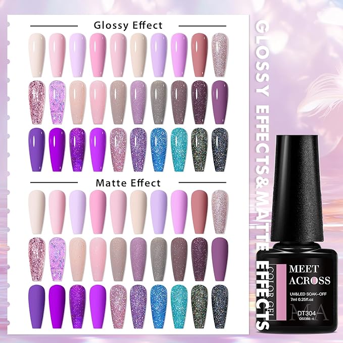 MEET ACROSS 30 Colors Pink Purple Gel Nail Polish Set, Nude Light Pink Purple Shimmer Glitter Brown Gel Polish Kit Soak off Uv Nail Art Gifts for Women