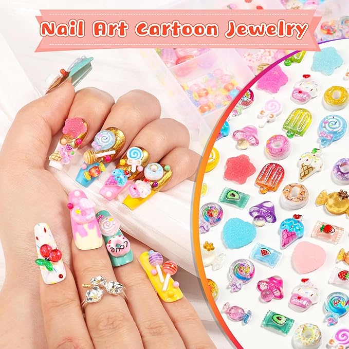 210PCS Kawaii Candy Nail Charms Kit: 3D Lollipop, Donut & Fruit Resin Charms for Acrylic Nails, Sweet Nail Art Supplies with Tweezers for DIY Crafts, Slime & Shoe Decor