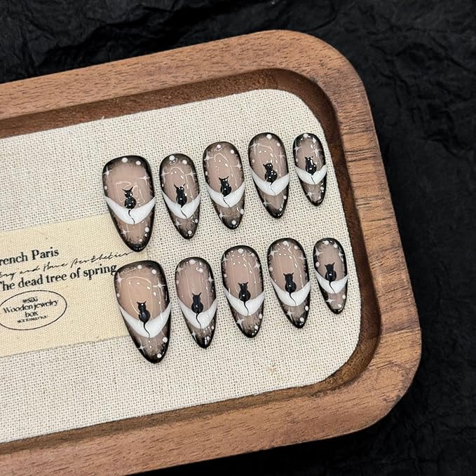10 Almond Handmade Press On Nails | Delicate White Swirls, Tiny Sparkling Stars, Cute dot and Cat,New styles for Autumn & Winter | Skip Salon Trips, Easy to Apply & Remove, Reusable (nude2598, S)