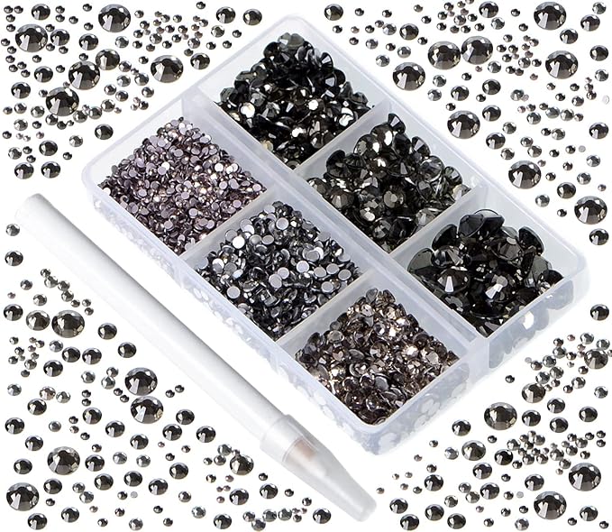 Bymitel 5000 Pieces 6 Mixed Sizes Glue Fix on Glass Rhinestones Round Crystal Gems Flatback for DIY Jewelry Making with one Picking Pen(6-Sizes 5000PCS, Black Diamond)