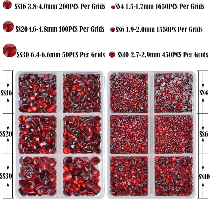 NCB Hotfix Iron on 8000pcs Crystal Rhinestones Round Gem for Crafts Decoration DIY Jewelry Making with a Tweezers and 2 Picking pens (Siam, 6Sizes SS4-SS30)