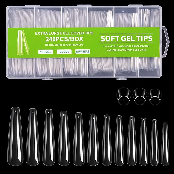 Long Coffin Nail Tips, 240Pcs Full Cover Soft Gel Nail Tips Pre-shaped 3XL Shape Clear Acrylic False Nail Fake Nail Extension Press On for Salon Home DIY 12 Sizes