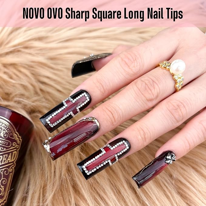 NOVO OVO Sharp Square Long Nail Tips Press on, Natural (Not Sculpted) No C Curve Soft Gel Double Matte Clear Fake Nail Extension,Full Cover False Nails for Salon DIY Manicure x 15 Sizes 360 pcs