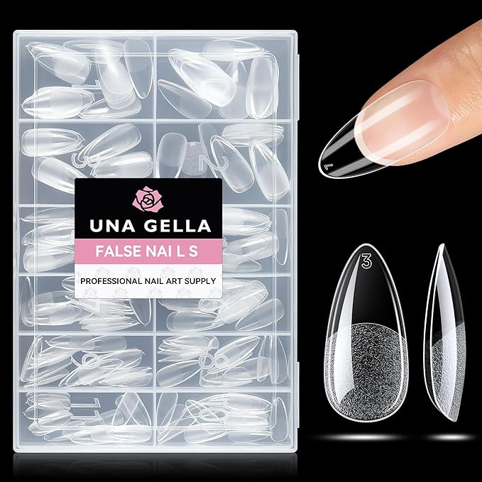 UNA GELLA Almond Nail Tips 216pcs Medium Almond Press on Nails Pre-Shape Gel Fake Nails for Full Cover Acrylic French False Nails for Nail Extension, DIY Salon 12 Sizes Gelly Tips