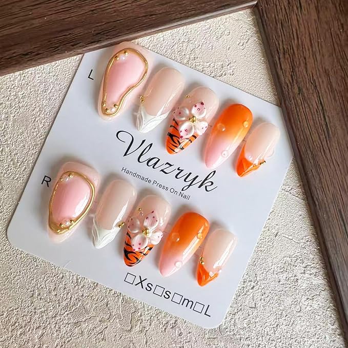 Luxury Medium Almond Press On Nails – French Tip with 3D Flowers, Pearls & Gold Design | Reusable Acrylic Gel Fake Nail | hand made nails