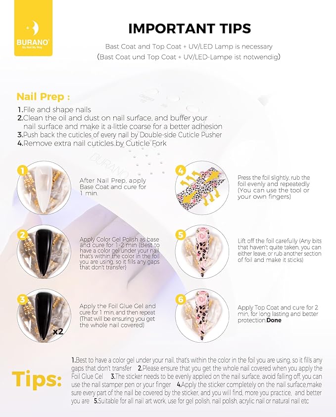 BURANO Nail Art Foil Glue Gel, 15ML 2 Bottles with 60PCS Foils Sticker, Nails Designer Adhesive Transfer Art UV LED Lamp Required
