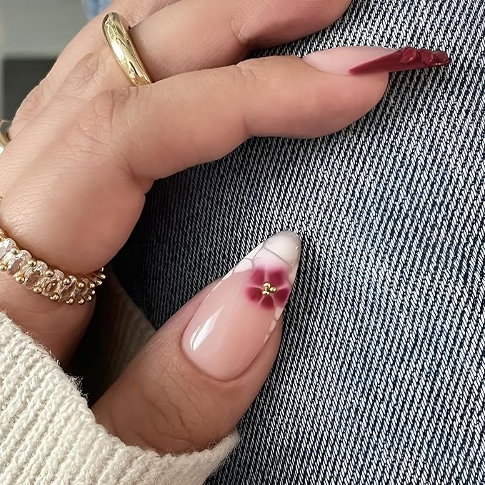 French Tip Press on Nails Medium Almond Fake Nails Flower False Nails with Gold Rhinestones Design Glossy Nails Press Ons White Red Stick on Nail Acrylic Glue on Nail for Women Set 24Pcs