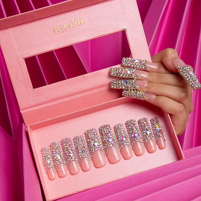 LOVFUL Press on Nails Angel's Tear Rhinestone | Handmade with Full Covered Crystals | Reusable Fake Nails | Square Mid length 1.7in | H48-S