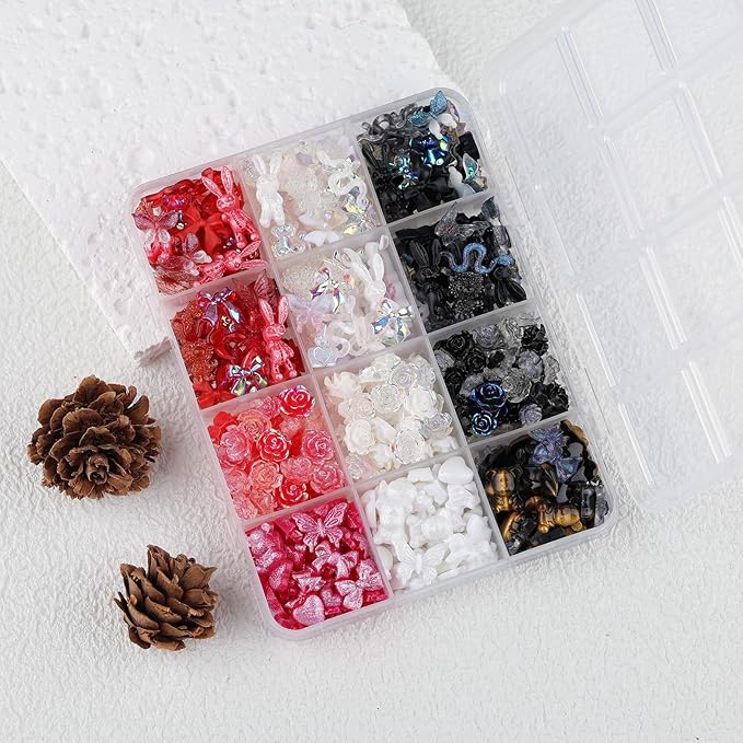 2050 Pieces 3D Butterfly Rose Flower Bow Rabbit Bear Nail Charms Kit with Nail Art Rhinestones Pearls Crystal Gems Nail Slices for Manicure DIY Crafts Jewelry Accessories (Black White Red)