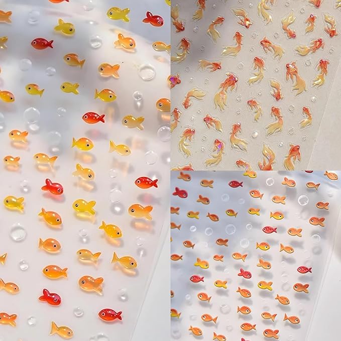 Dedyel 5D Embossed Cute Goldfish Nail Art Stickers Cartoon Kawaii Design Anime Self Adhesive Nail Stickers for Women Kids Girls Nails Art Decorations