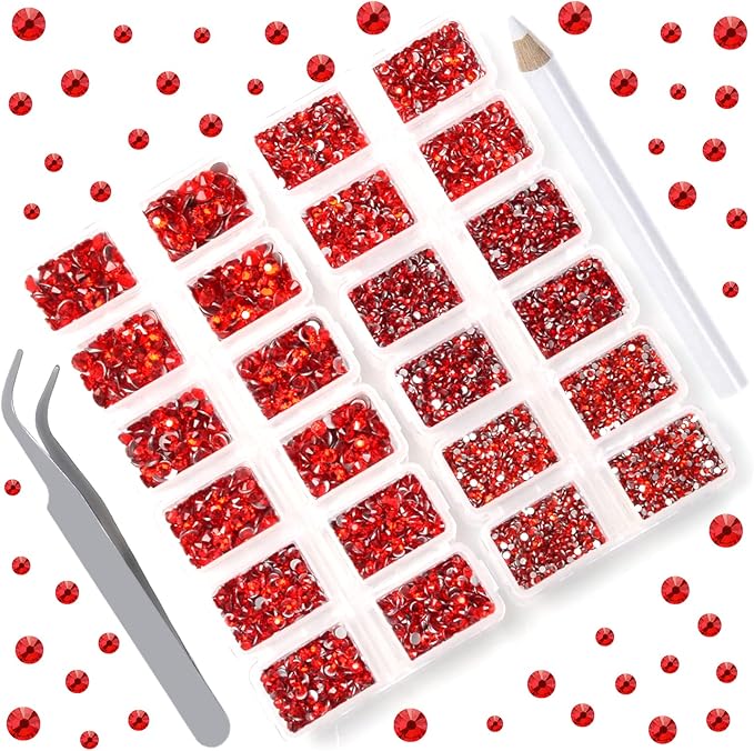 10000 Pieces Rhinestones 6 Sizes Round Crystal Glass Flat Back Rhinestones with 1Tweezers and 1Picking Pen for Nail Art Crafts Clothes Bags DIY (Siam)