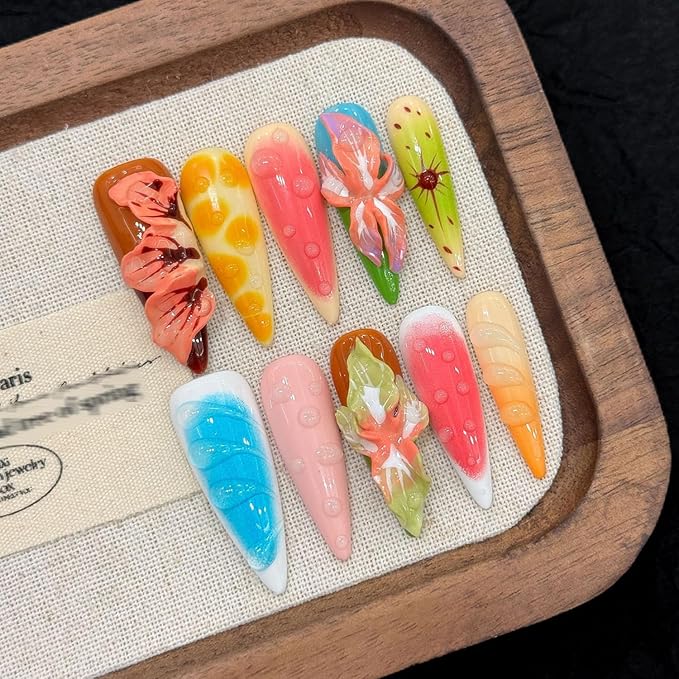 Thick Press on Nails Long Almond Handmade Nails with Glue,Tropical Flower Art Fake Nails with Water Droplet Pattern Designs Reusable Nature Stick on Nail False Nails for Wome (Size M)