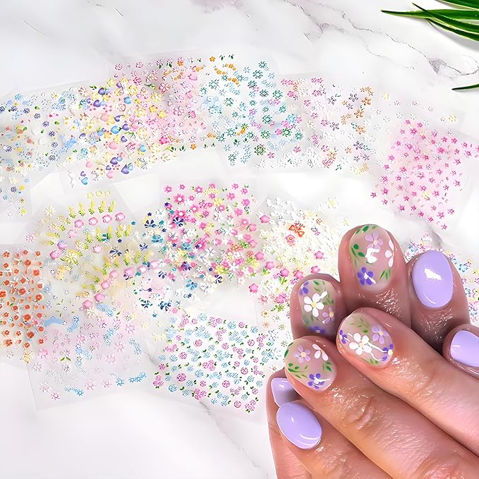 30 Sheets Flower Nail Art Stickers Decals Self-Adhesive Nail Decals Multicolor Floral Designs Nail Supplies Cute Heart Nail Decoration Spring Daisy Nails Accessories for Women