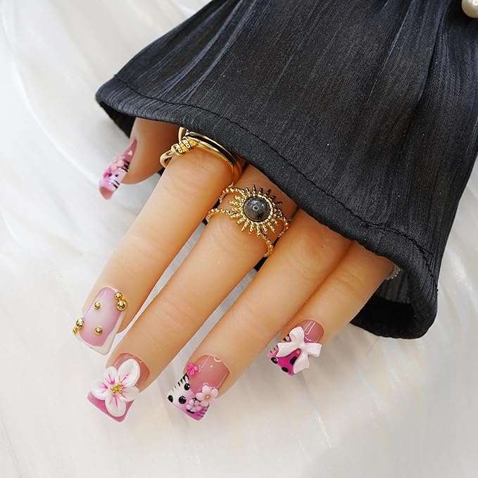10pcs Handmade Press on Nails Medium Duck Curve Shape – 3D Floral Mushroom Jelly Shell Bow Cherry Chrome Bling Thick Reusable Fake Nails,Boho Y2K Aesthetic Accessories (pink leopard, XS)