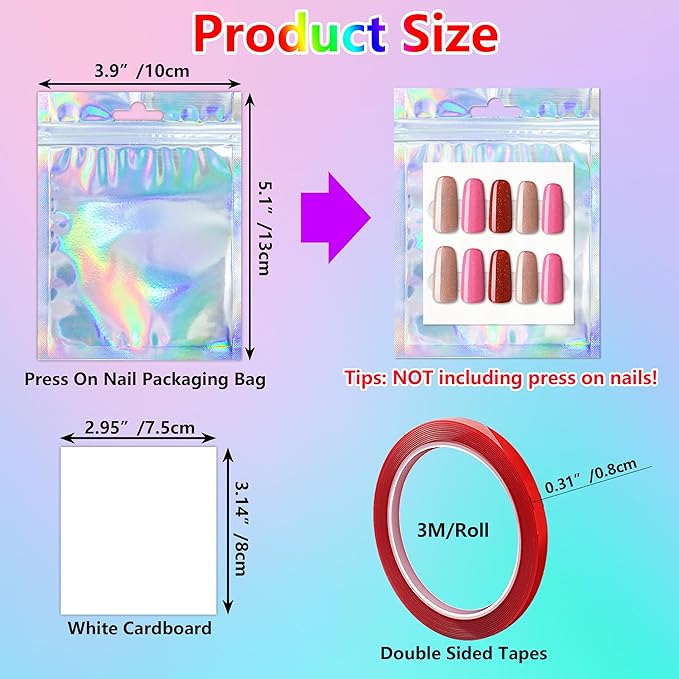100 Sets Empty Press on Nail Packaging Including Holographic Bags White Card and Transparent Tape for Manicurist Small Business Office Home
