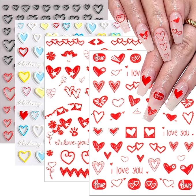 4 Sheets Valentine's Day Nail Art Sticker Decals, 5D Heart Embossed Self-Adhesive Nail Art Decoration Supplies Accessories for Women Girl