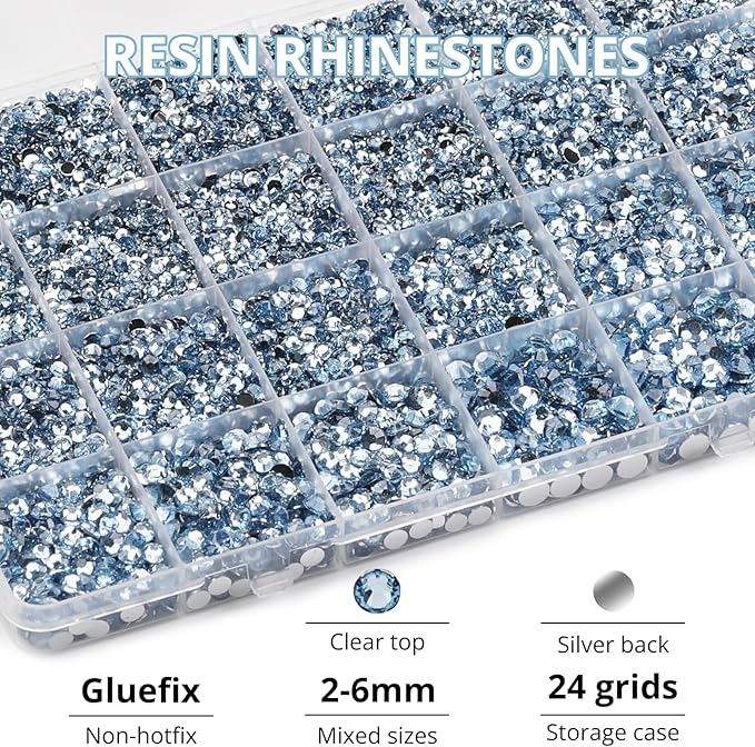 31000Pcs Light Blue Resin Rhinestones for Bedazzling, 2-6mm Mixed Sizes Flatback Bedazzle Kit, Bedazzled Flat Back Gems Jewels Diamonds Gemstones Crystal with Glue for Crafting Clothes Crafts